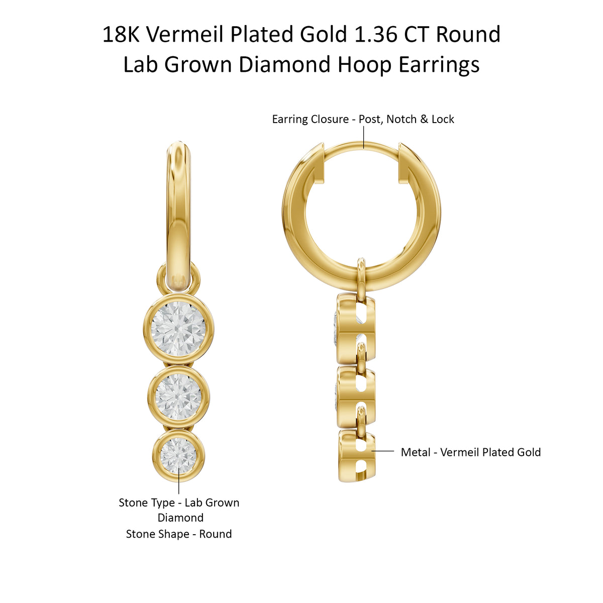 14k Yellow Gold or 18K Gold Vermeil 1.36 Ct Round Lab Grown Diamond Hoop Earrings