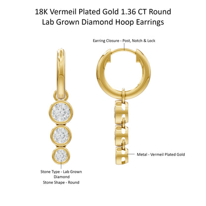 14k Yellow Gold or 18K Gold Vermeil 1.36 Ct Round Lab Grown Diamond Hoop Earrings