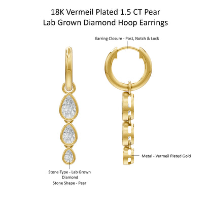 14k Yellow Gold or 18K Gold Vermeil 1.5 Ct Pear Lab Grown Diamond Hoop Earrings