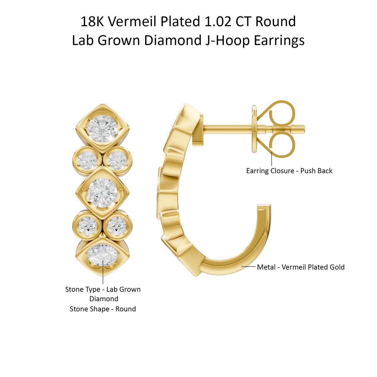 14k Yellow Gold or 18K Gold Vermeil 1.02 Ct Round Lab Grown Diamond J-Hoop Earrings