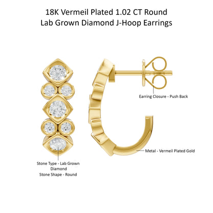14k Yellow Gold or 18K Gold Vermeil 1.02 Ct Round Lab Grown Diamond J-Hoop Earrings