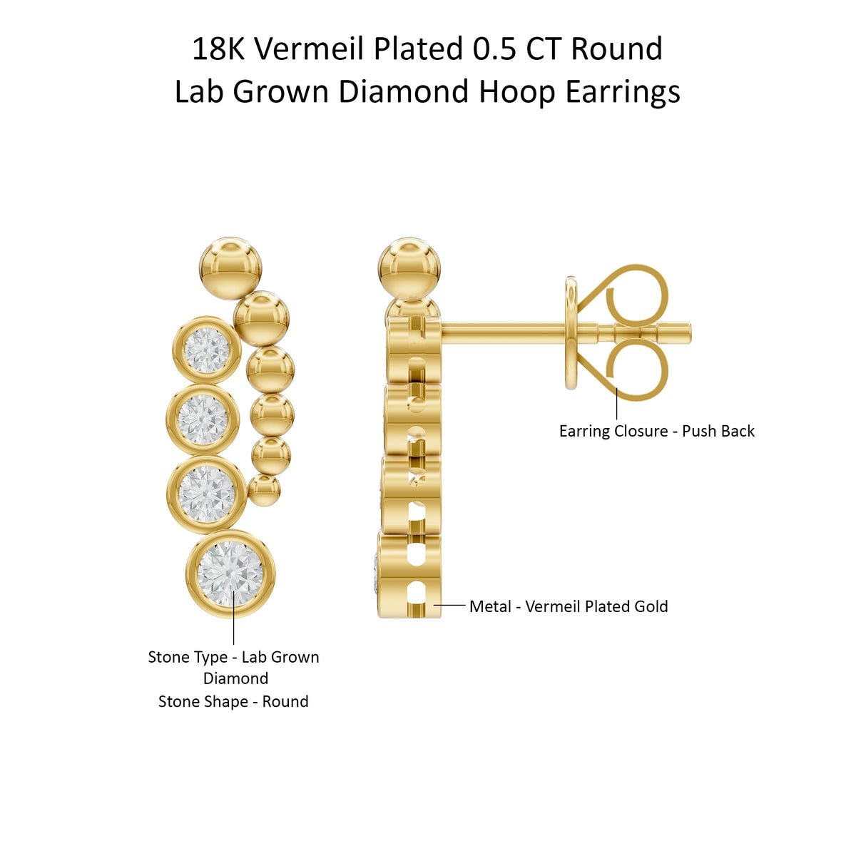 14k Yellow Gold or 18K Gold Vermeil 0.5 Ct Round Lab Grown Diamond Hoop Earrings