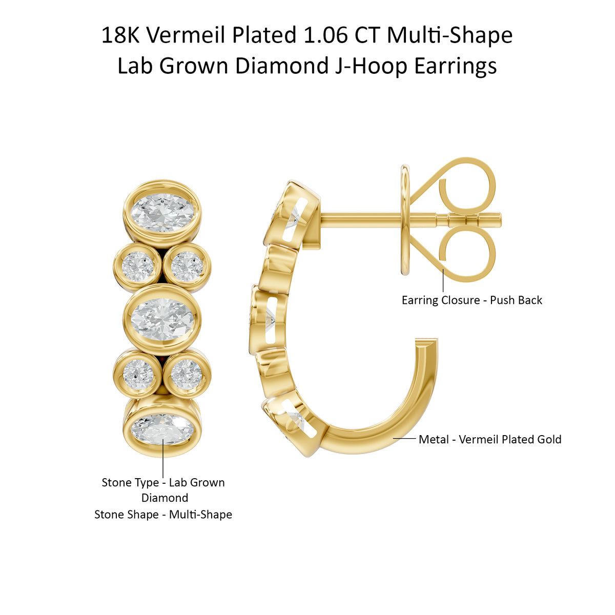 14k Yellow Gold or 18K Gold Vermeil 1.06 Ct Multi-Shape Lab Grown Diamond J-Hoop Earrings