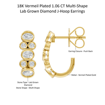 14k Yellow Gold or 18K Gold Vermeil 1.06 Ct Multi-Shape Lab Grown Diamond J-Hoop Earrings