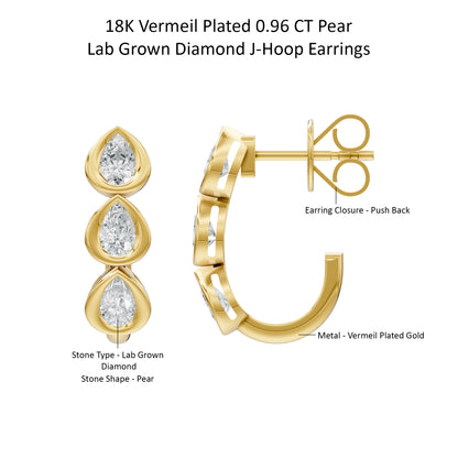 14k Yellow Gold or 18K Gold Vermeil 0.96 Ct Pear Lab Grown Diamond J-Hoop Earrings