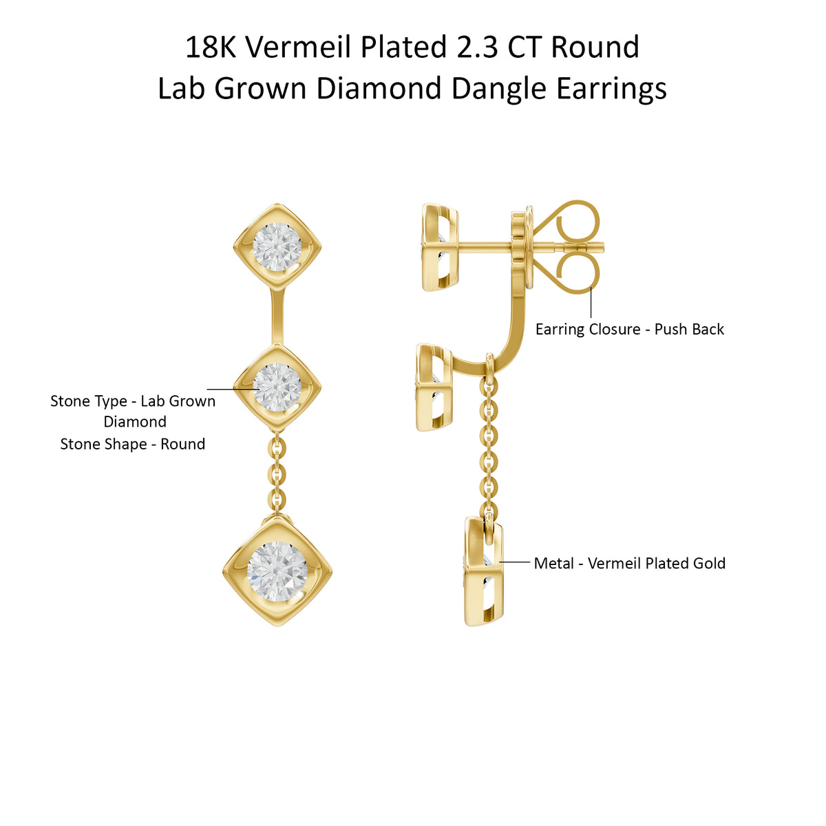 14k Yellow Gold or 18K Gold Vermeil 2.3 Ct Round Lab Grown Diamond Dangle Earrings