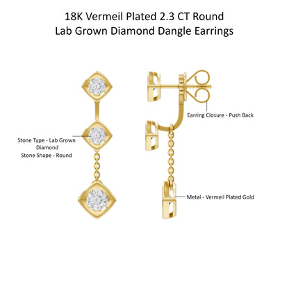 14k Yellow Gold or 18K Gold Vermeil 2.3 Ct Round Lab Grown Diamond Dangle Earrings