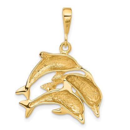 14k Yellow Gold Polished Three Dolphin Charm Pendant L-31 mm, W-23 mm