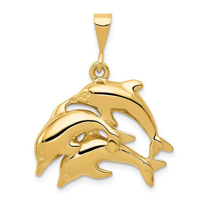 14k Yellow Gold Polished Three Dolphin Charm Pendant L-31 mm, W-23 mm