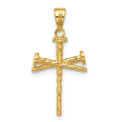14k Yellow Gold Polished and Textured Nails Cross Pendant L-26.5 mm, W-13.4 mm