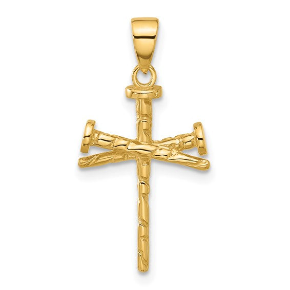 14k Yellow Gold Polished and Textured Nails Cross Pendant L-26.5 mm, W-13.4 mm