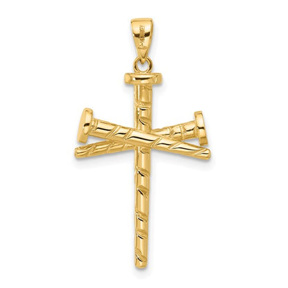 14k Yellow Gold Polished and Textured Nails Cross Pendant L-32 mm, W-17 mm