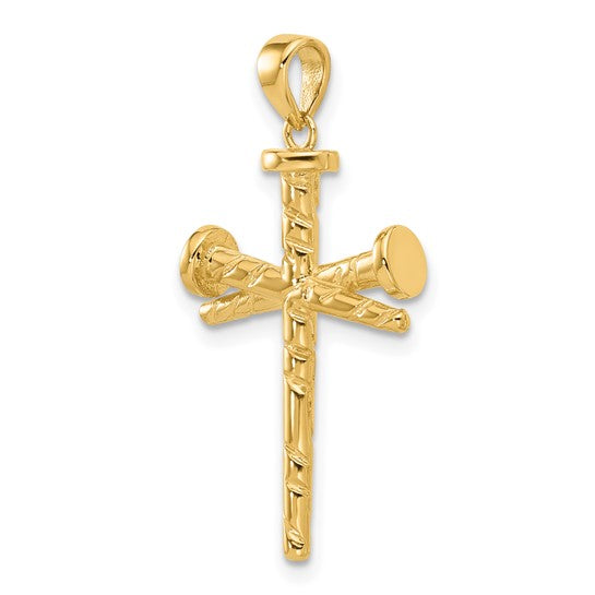 14k Yellow Gold Polished and Textured Nails Cross Pendant L-32 mm, W-17 mm