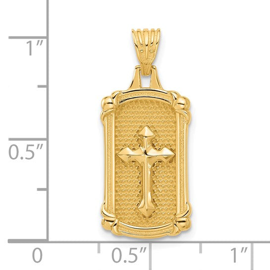14k Yellow Gold Polished and Textured Dog Tag Cross Pendant L-25.3 mm, W-11.3 mm