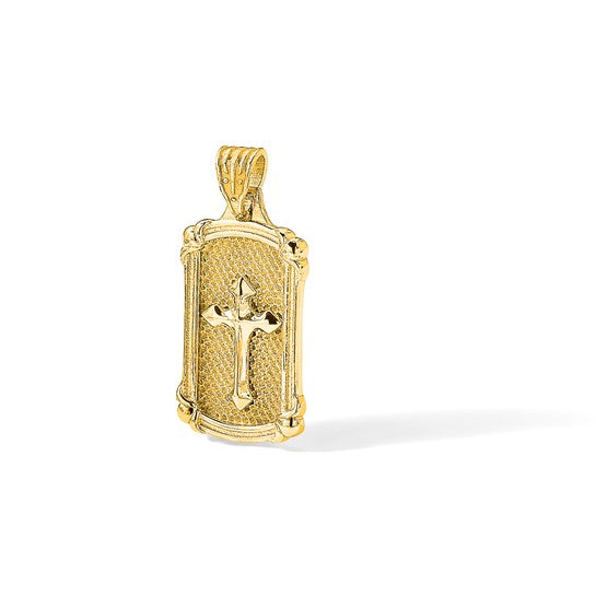 14k Yellow Gold Polished and Textured Dog Tag Cross Pendant L-25.3 mm, W-11.3 mm
