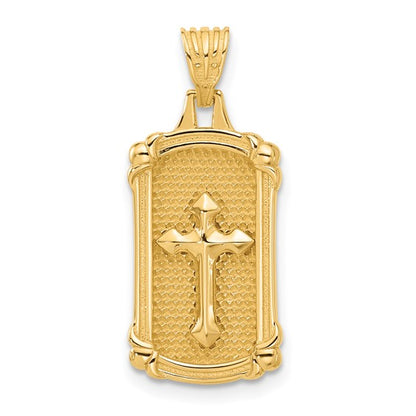 14k Yellow Gold Polished and Textured Dog Tag Cross Pendant L-25.3 mm, W-11.3 mm