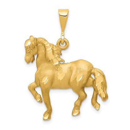 14k Yellow Gold Satin Diamond-cut Horse Pendant L-32 mm, W-24 mm