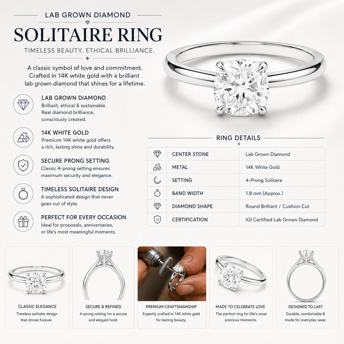 IGI Certified Lab Grown Diamond Engagement Ring 14k White Gold Clarity- VS, Color- EFG