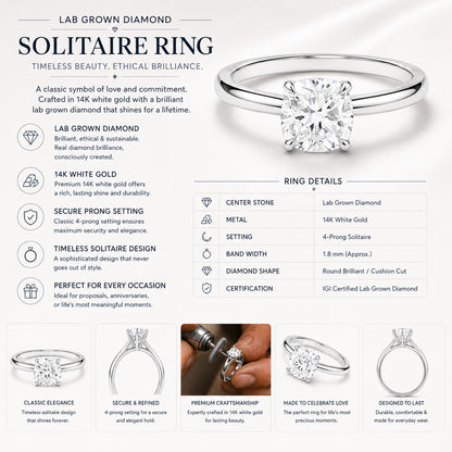 IGI Certified Lab Grown Diamond Engagement Ring 14k White Gold Clarity- VS, Color- EFG