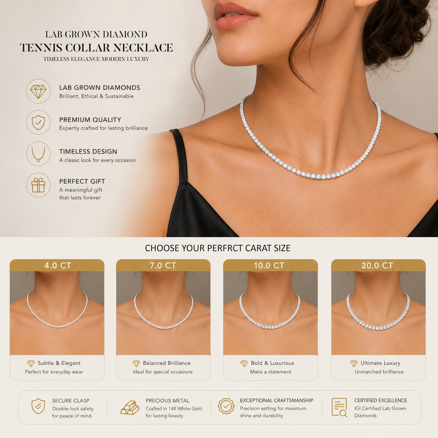 14k Gold Round Cut Lab Grown Diamond Tennis Necklace 18" 4.00ct to 20.00ct, Color-E-F, Clarity- VS (Copy)