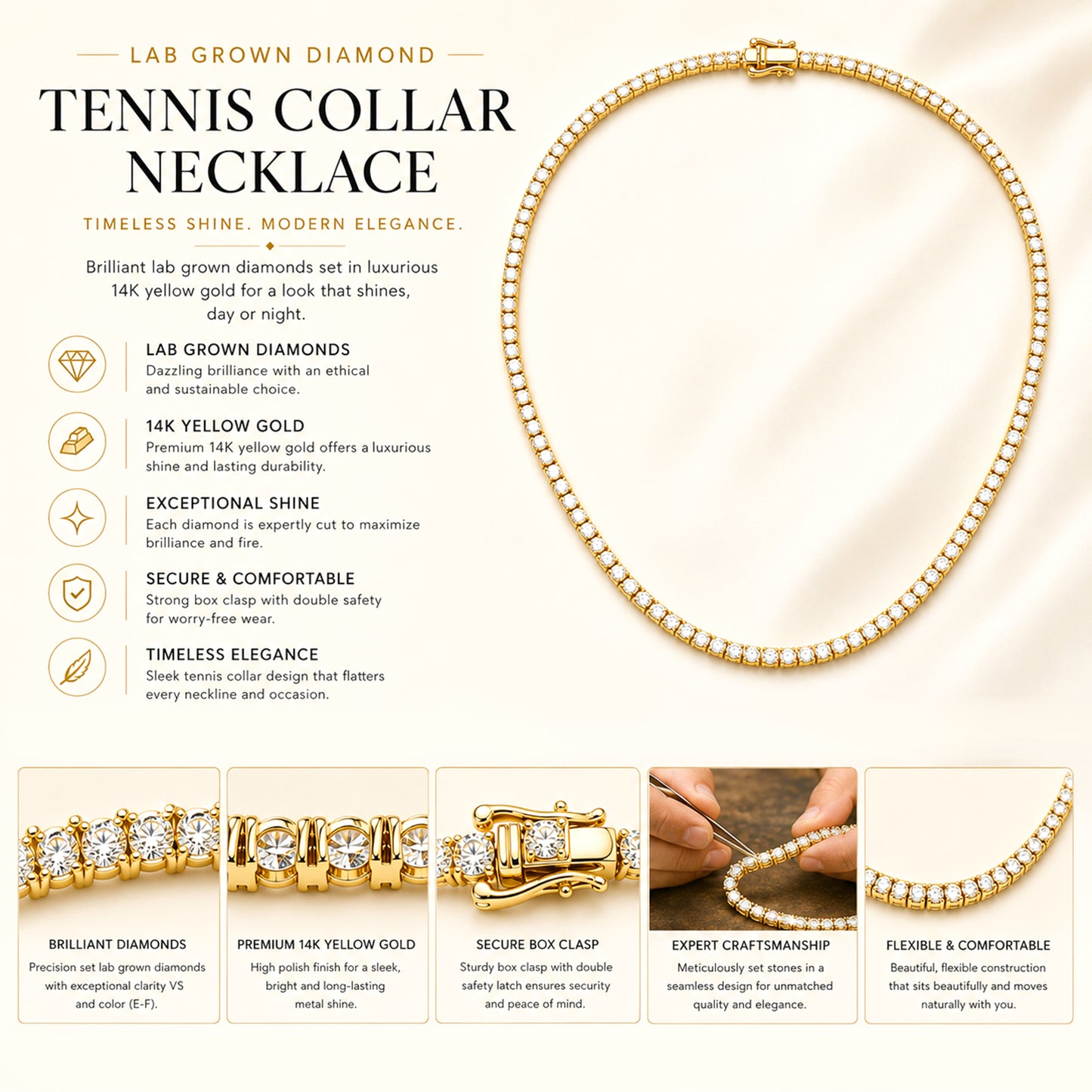 14k Gold Round Cut Lab Grown Diamond Tennis Necklace 18" 4.00ct to 20.00ct, Color-E-F, Clarity- VS (Copy)