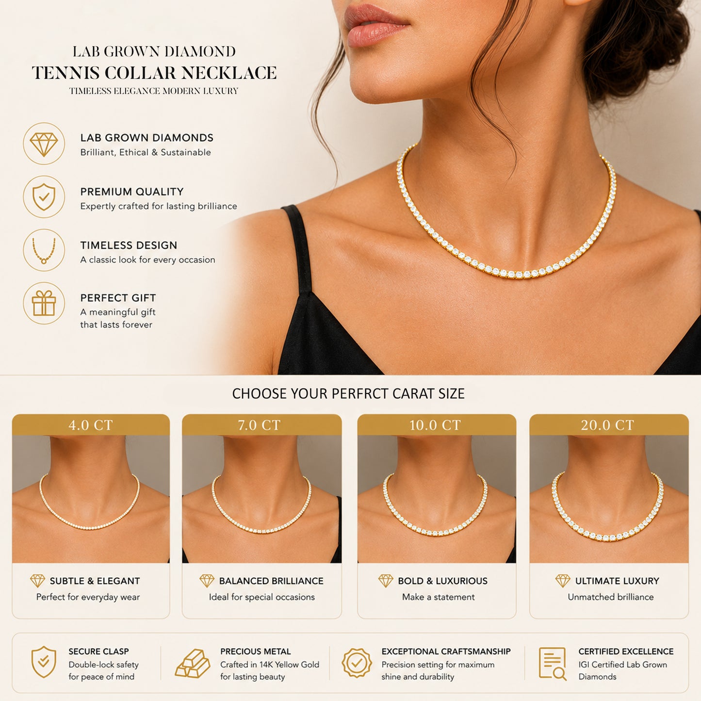 14k Gold Round Cut Lab Grown Diamond Tennis Necklace 18" 4.00ct to 20.00ct, Color-E-F, Clarity- VS (Copy)