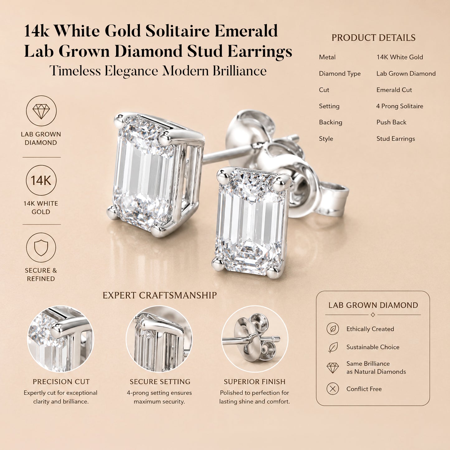 Solitaire Lab Grown Diamond Stud Earrings 14k White Gold VS Clarity, E-F Color with Post Butterfly