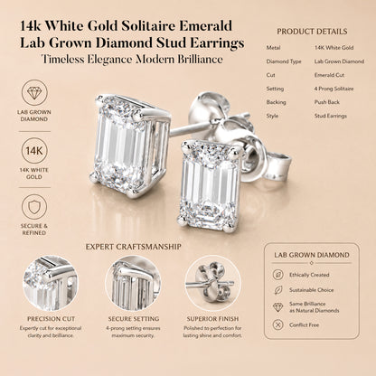 Solitaire Lab Grown Diamond Stud Earrings 14k White Gold VS Clarity, E-F Color with Post Butterfly