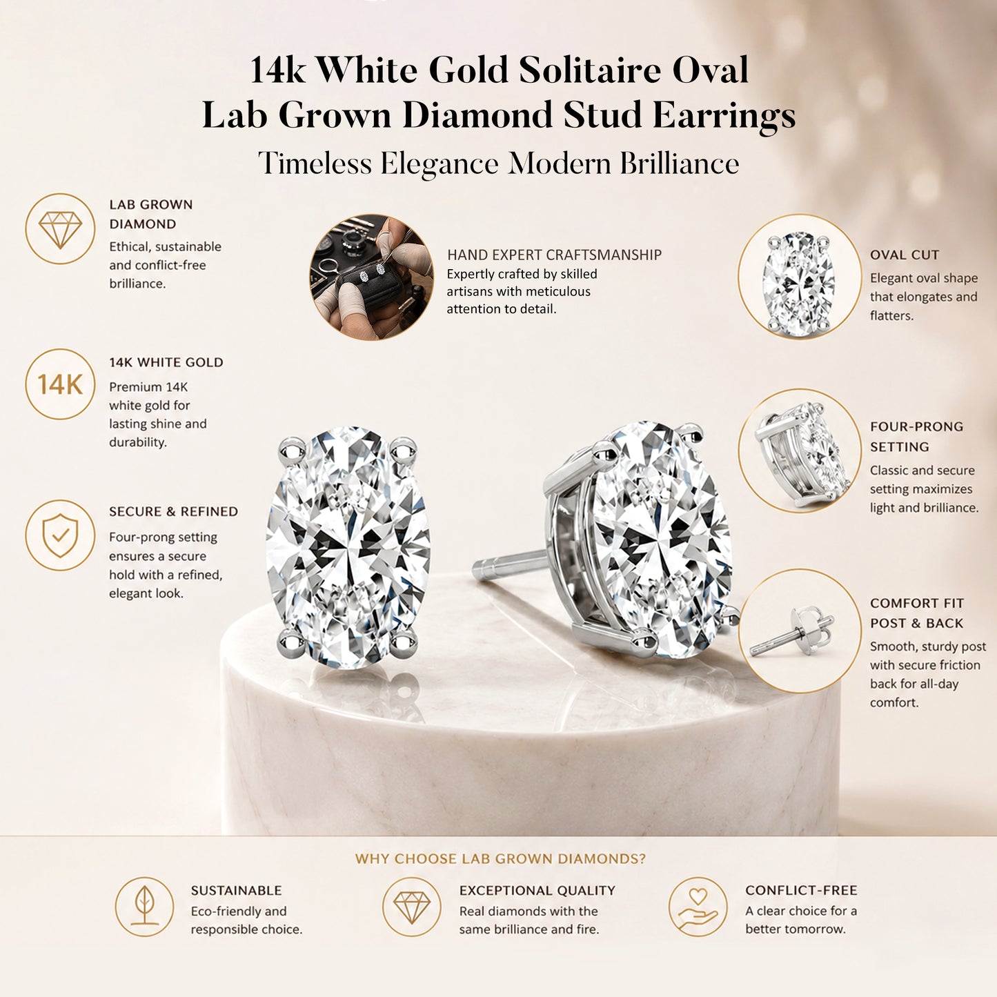 Oval Cut Solitaire Lab Grown Diamond Stud Earrings 14k White Gold VS Clarity, E-F Color with Post Butterfly