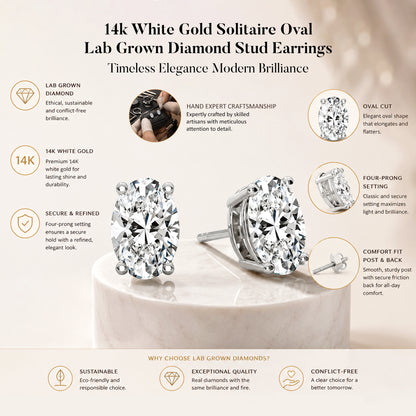 Oval Cut Solitaire Lab Grown Diamond Stud Earrings 14k White Gold VS Clarity, E-F Color with Post Butterfly