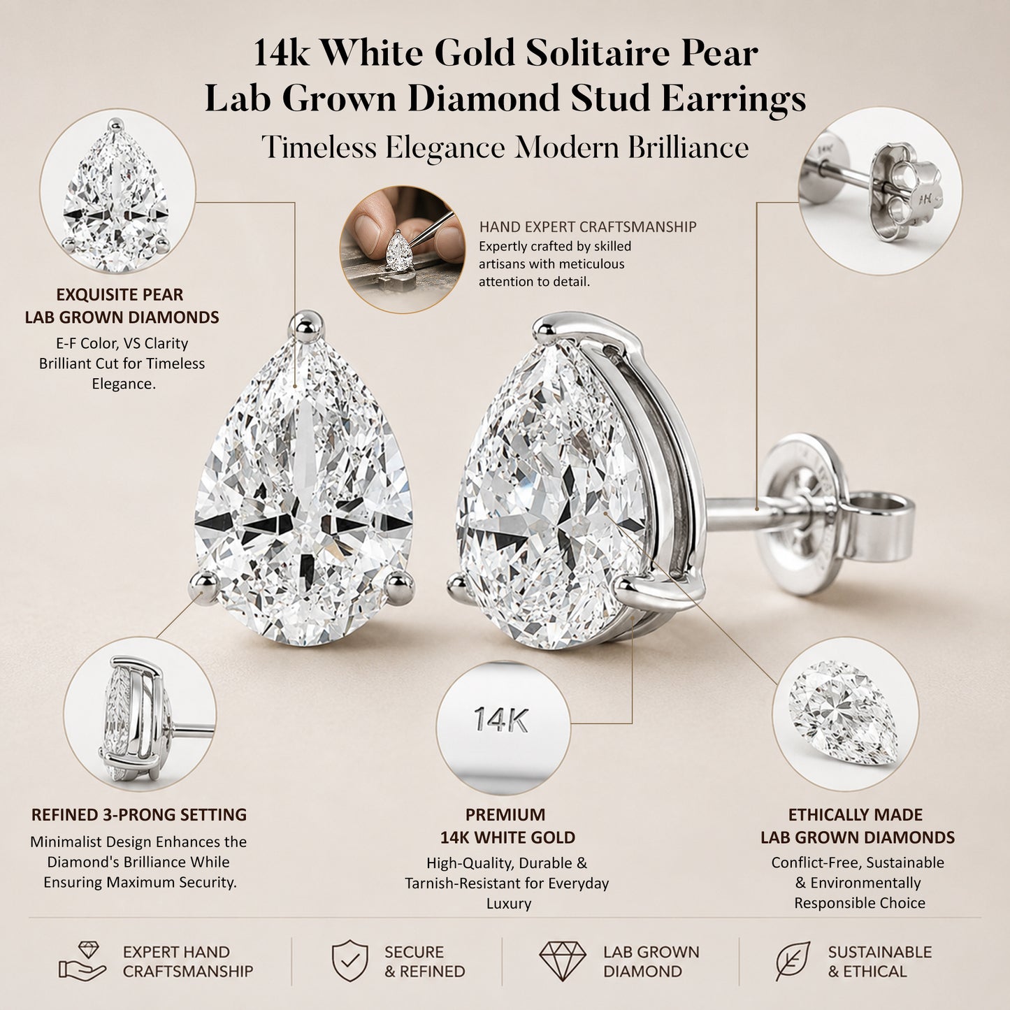 Pear Cut Solitaire Lab Grown Diamond Stud Earrings 14k White Gold VS Clarity, E-F Color with Post Butterfly