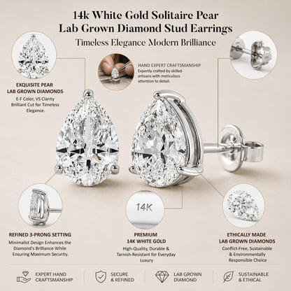 Pear Cut Solitaire Lab Grown Diamond Stud Earrings 14k White Gold VS Clarity, E-F Color with Post Butterfly