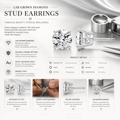 Round Solitaire Lab Grown Diamond Stud Earrings 14k White Gold VS Clarity, E-F Color with Post Butterfly
