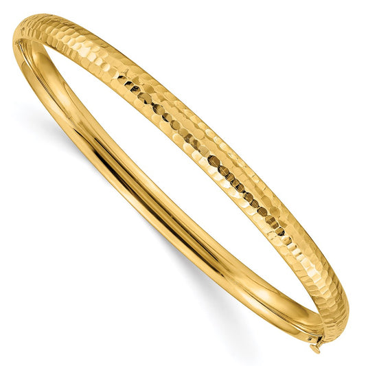 14k Yellow Gold 3/16 Polished Fancy Hammered 4.75mm Hinged Oval Bangle Bracelet