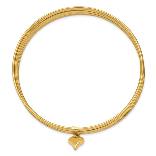 14k Yellow Gold Polished and Textured with Dangle Heart 7-Strand Slip-on Bangle Bracelet