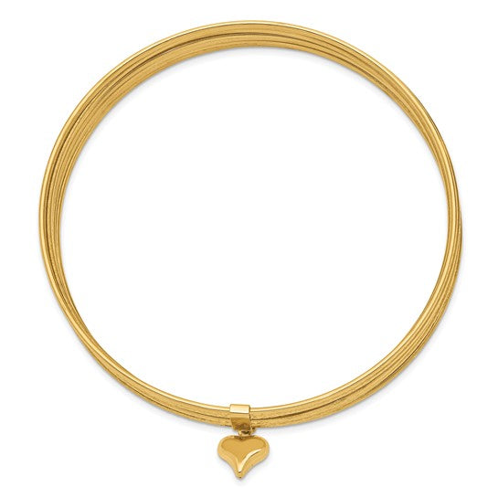 14K Yellow Gold Dangle Heart 7-Strand 11 mm Slip-on Bangle Bracelet
