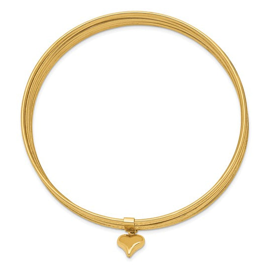 14K Yellow Gold Dangle Heart 7-Strand 11 mm Slip-on Bangle Bracelet