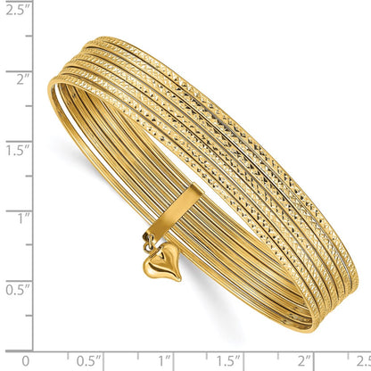 14k Yellow Gold Polished and Textured with Dangle Heart 7-Strand Slip-on Bangle Bracelet