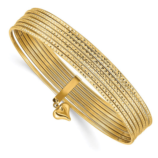14k Yellow Gold Polished and Textured with Dangle Heart 7-Strand Slip-on Bangle Bracelet