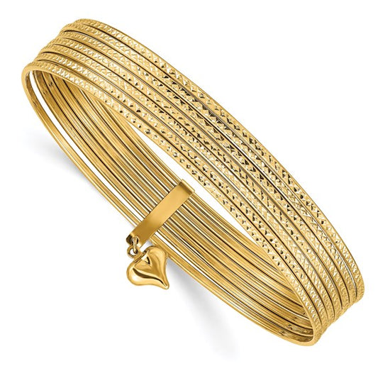 14K Yellow Gold Dangle Heart 7-Strand 11 mm Slip-on Bangle Bracelet