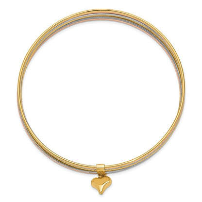 14K Tri-color Gold Polished and Textured with Dangle Heart 7-Strand 11.00mm Slip-on Round Bangle Bracelet 8"