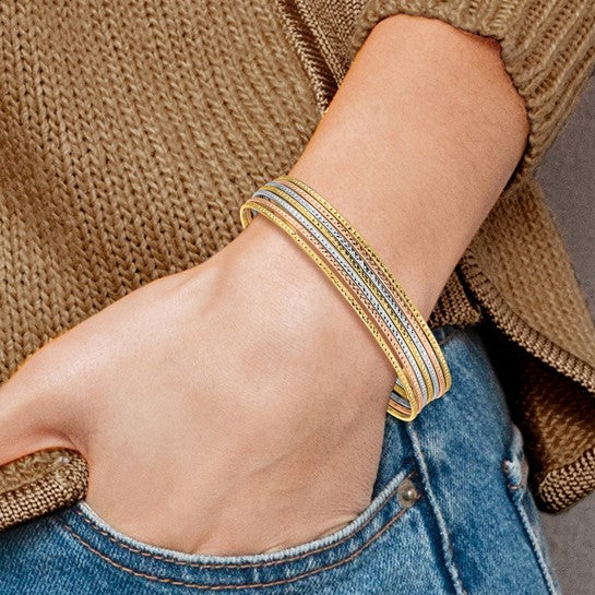 14K Tri-color Gold Polished and Textured with Dangle Heart 7-Strand 11.00mm Slip-on Round Bangle Bracelet 8"