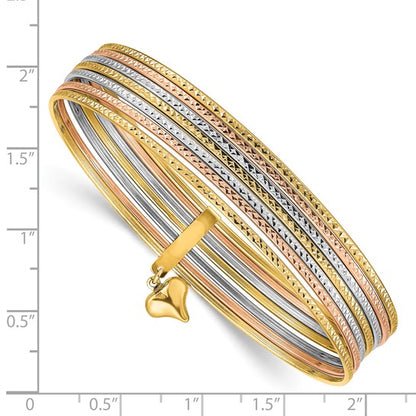 14K Tri-color Gold Polished and Textured with Dangle Heart 7-Strand 11.00mm Slip-on Round Bangle Bracelet 8"