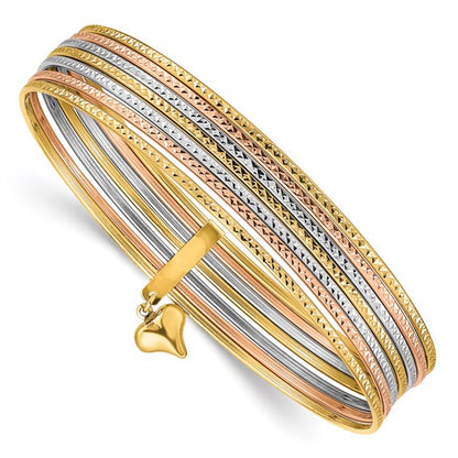 14K Tri-color Gold Polished and Textured with Dangle Heart 7-Strand 11.00mm Slip-on Round Bangle Bracelet 8"