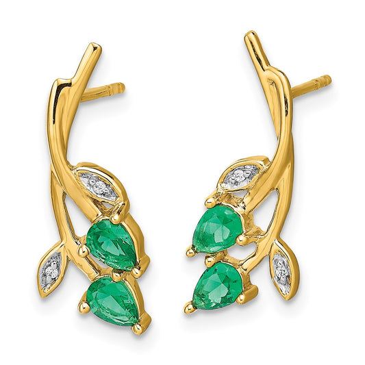 14k Yellow Gold Diamond and Pear Emerald Floral Post Stud Earrings