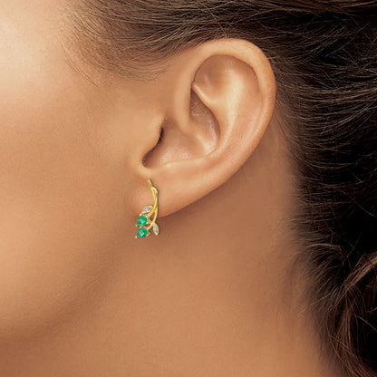 14k Yellow Gold Diamond and Pear Emerald Floral Post Stud Earrings