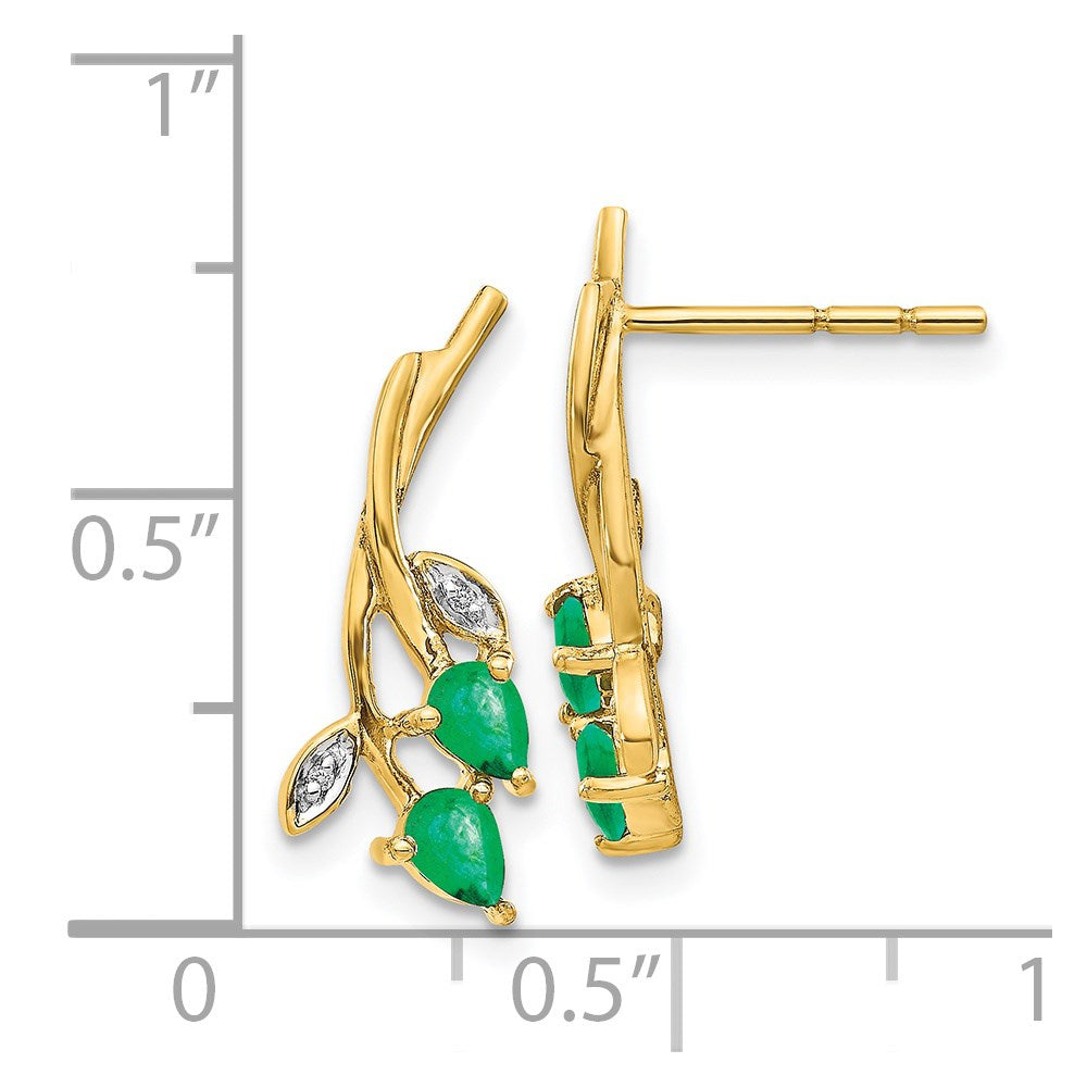 14k Yellow Gold Diamond and Pear Emerald Floral Post Stud Earrings