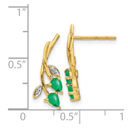 14k Yellow Gold Diamond and Pear Emerald Floral Post Stud Earrings