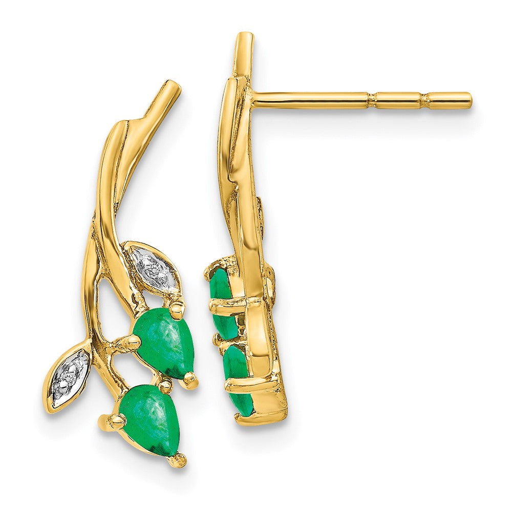14k Yellow Gold Diamond and Pear Emerald Floral Post Stud Earrings