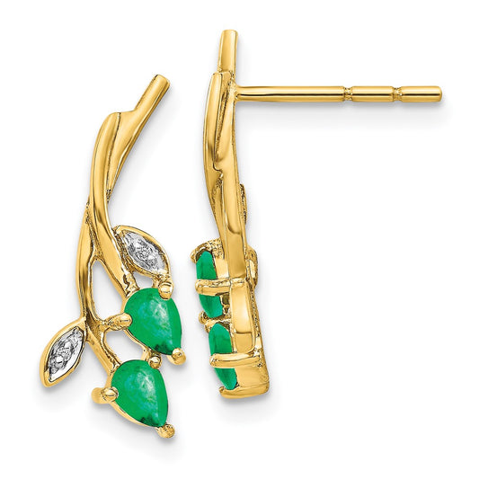 14k Yellow Gold Diamond and Pear Emerald Floral Post Stud Earrings